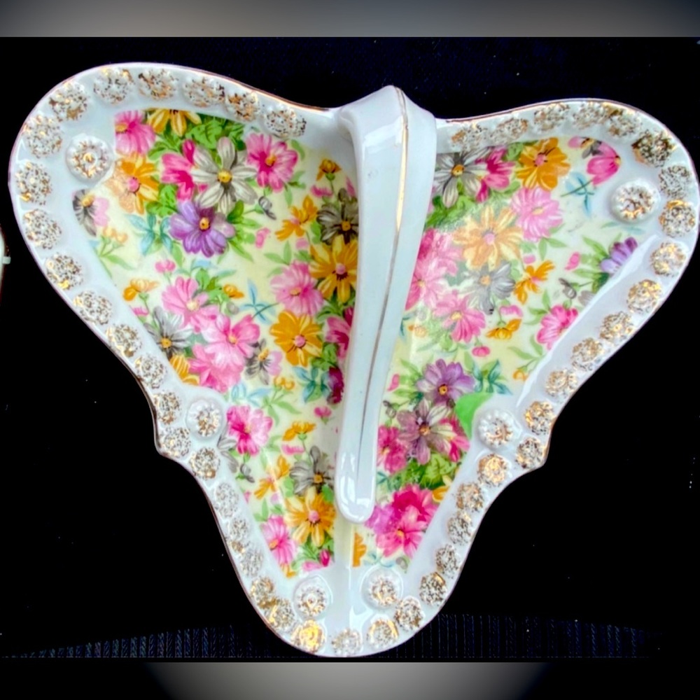 Vintage Stunning Gold & Floral Transfer Finger Food Trinket Dish JILJA RARE!